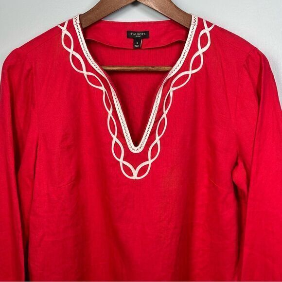 Talbots Womens 100%‎ Linen Tunic Top Size S Petite Red Embroidered Trim Beach - Picture 4 of 12